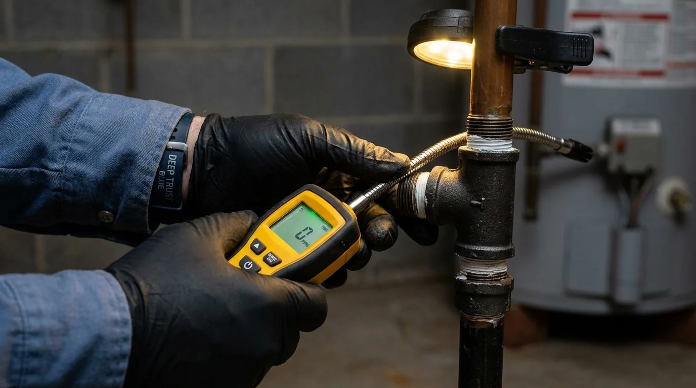 Gas leak detection with electronic sniffer by Johns Plumbing LLC in Byron