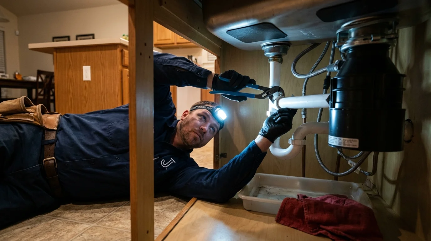 P-trap and supply line connections under a kitchen sink showing a common leak point in Byron, MN